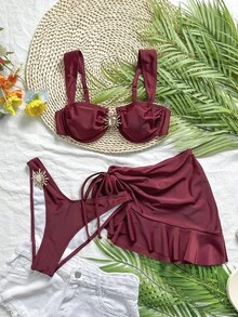 3 件纯色比基尼套装，宽肩带设计，带钢圈，舒适支撑，时尚沙滩装，适合夏季海滩和泳池派对