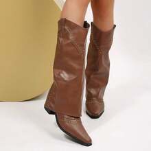 PENNYSUE Women Knee High Boots Pointed Toe Chunky Heel Boots Motorcycle Riding Pull-On Fashion Long Biker Boots For For Spring And Autumn - màu nâu - Xem 6