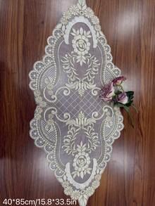 1pc Champagne Embroidered Mesh Table Runner, Elegant Romantic Mesh Embroidery Suitable For Bedside Cabinet, Sideboard, Vanity, Dining Table, Coffee Table, Everyday Home Decor And Wedding Party Holiday - Beige - View 3