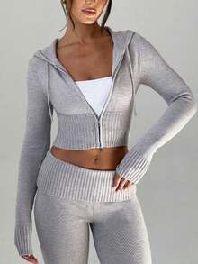 1pc Fashionable Sexy Fitted Cropped Hooded Cardigan - Grey - View 2