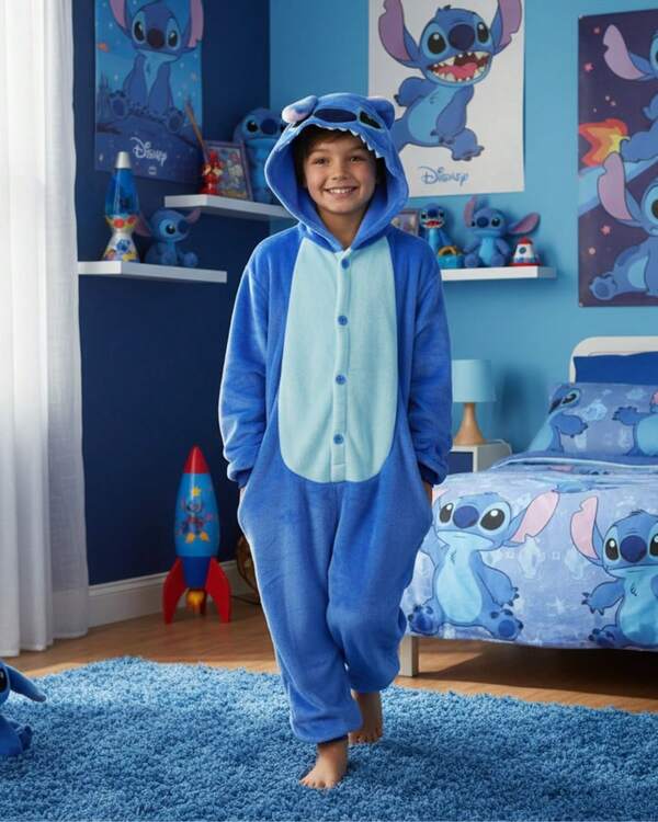 Lilo & Stitch Kigurumi Kinderkostüm Alien mit Kapuze und Reißverschluss, Geschenk für Jungen und Mädchen