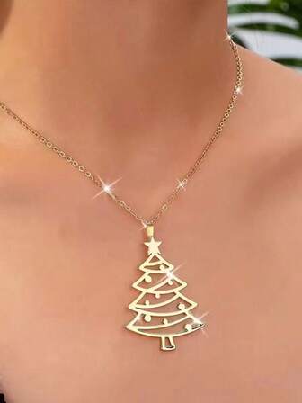 1pc 18K Gold Plated Stainless Steel Hollow Christmas Tree Pendant Neck For Women Christmas Gift, Daily Wear Jewelry