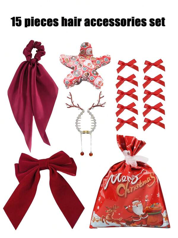 15 pièces Ensemble d'accessoires de cheveux de Noël pour femmes, comprenant 1 pièce de sac-cadeau du Père Noël et du renne, 1 pièce de barrette à ruban vintage, 1 pièce de chouchou en satin à ruban long, 1 pièce de pince à chignon avec pompon en forme de bois de cerf de Noël, 1 pièce de pince à cheveux avec motif de bas de Noël, de Père Noël, de renne et de bonhomme de neige