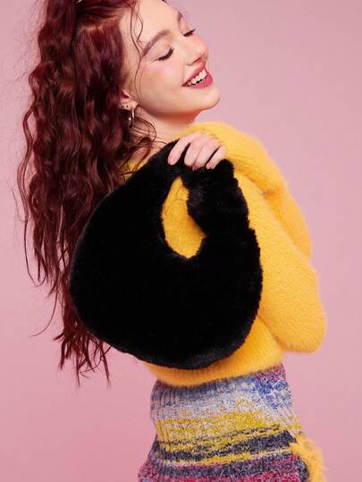 2025 Autumn/Winter Plush Versatile Tote Bag, Cute Crescent Moon & Dumplings Wrapped Design, Large Capacity