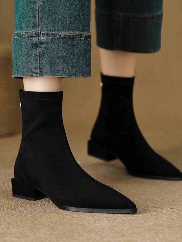 2025 New Versatile Elastic Slim Fit Ankle Boots For Women, Flat French Pointed Toe Short Boots, Chunky Heel, Simple & Fashionable, Western Style