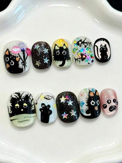 10PCS Short Oval Handmade Press On Nails For Party And Daily Wear ,Black Nails, Cute Nails,Short Oval Nails,Black Cat,Shiny And Dazzling,Black Nails,Easy To Wear 10pcs Y2K Handmade Press On Nails,Fall Nails ,Fall Style,Suitable For Girls And Women Festivals Parties And Daily Wear Nail Supplies Handmade Press On Nails