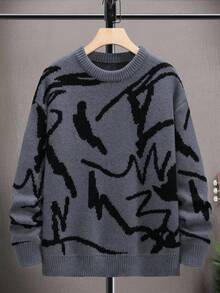 1pc Tween Boy Casual Outdoor Workout Slouchy Street Style Textured Thick Warm Knit Sweater, Autumn/Winter