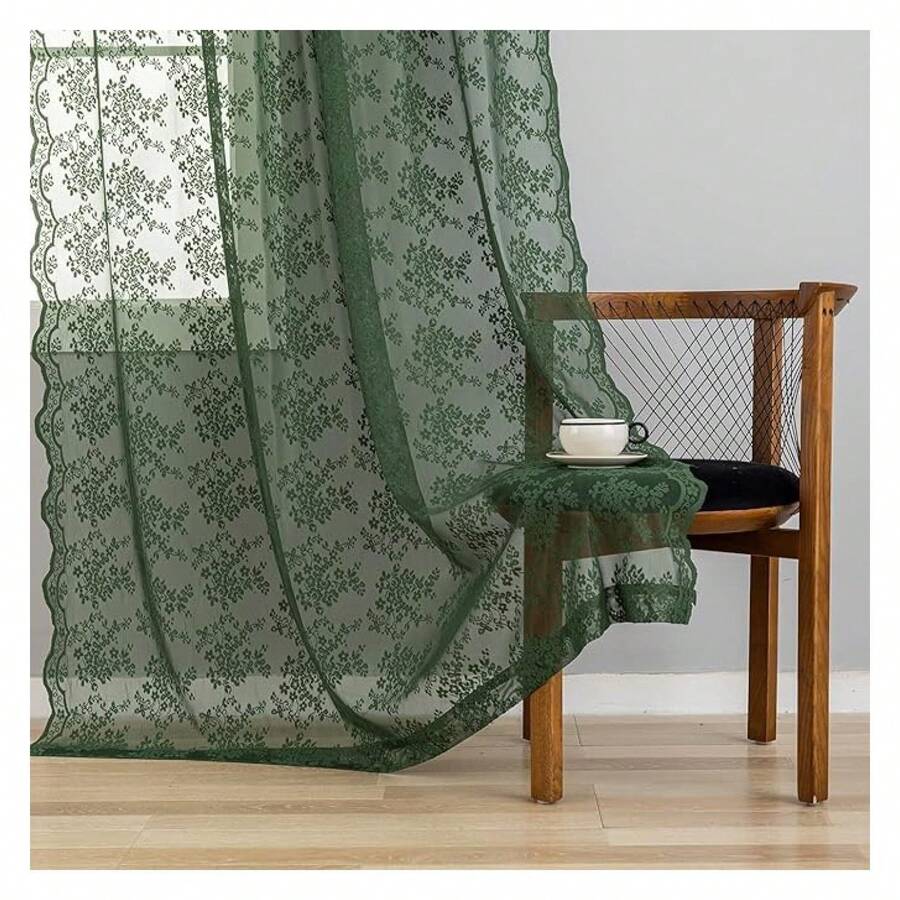 Olive Green Lace Curtains 90 Inch Length 2 PanelsRerto Floral Light Filtering Sheer Curtains For Dining Room Bedroom Boho Neutral Aesthetic Decor 52x90 - 多色616 - 查看 1