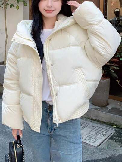 Winter Women Casual Loose Hooded Down Coats Long Sleeve Thick Elegant Chic Zip Up Hoodie Puffer Coat Korean Fashion Solid Party Padded Jackets Coats Christmas Outerwear Female Clothes Birthday Outfits Pockets Tops