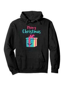 Sudadera con Capucha Navideña Divertida para Hombre - Negra 250g, Pesada, Combinada con Lazo Rosa y Estampado 'Feliz Navidad', Caja de Regaloíris y Diseño de Cara Sonriente - Atuendo Casual para Navideña, Lavable aáquina - Negro - Ver 1