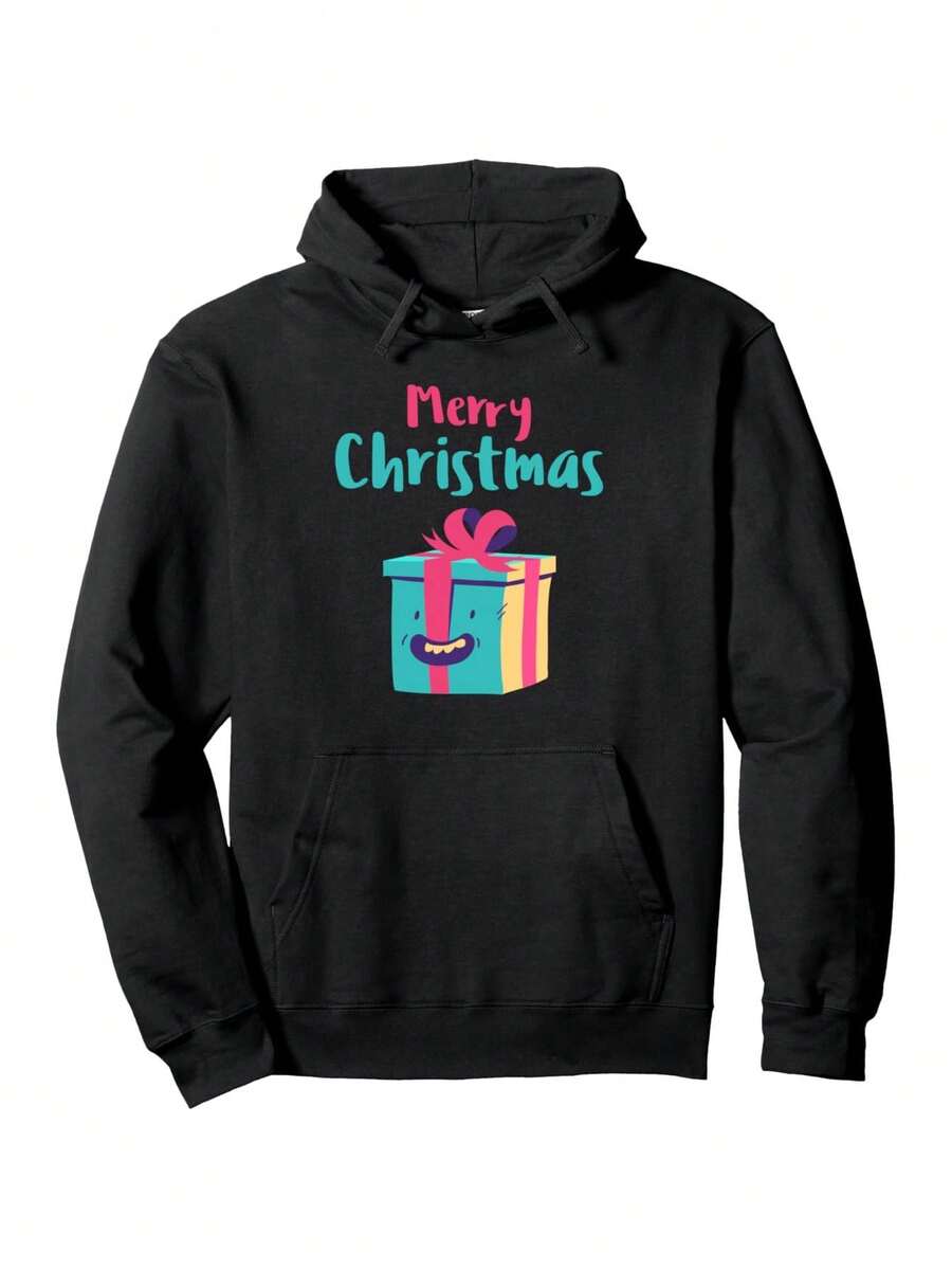 Sudadera con Capucha Navideña Divertida para Hombre - Negra 250g, Pesada, Combinada con Lazo Rosa y Estampado 'Feliz Navidad', Caja de Regaloíris y Diseño de Cara Sonriente - Atuendo Casual para Navideña, Lavable aáquina - Negro - Ver 1