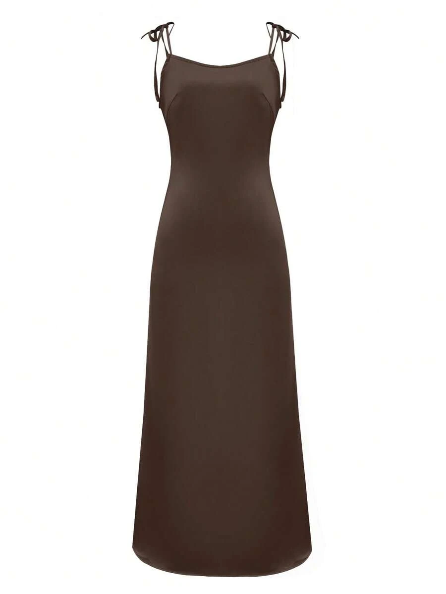 女士宽松棕色缎面长裙，无袖性感露背纯色休闲沙滩裙，适合晚会，适合夏季 - 棕色 - 查看 1