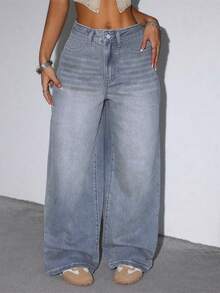 Women's Casual Loose Wide Leg Jeans With Pockets, Suitable For Daily Wear