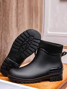 Women's Plus Size Fashion Short Rain Boots, Couple's Warm Lined Adult Rain Boots, Non-Slip Durable Thick Sole Rubber Shoes For Kitchen Work, Outdoor Car Washing, Camping, Fishing, Waterproof Beach, Solid Color Sports Outdoor Fuzzy Lining Rain Boots, Autumn/Winter - Black - View 17