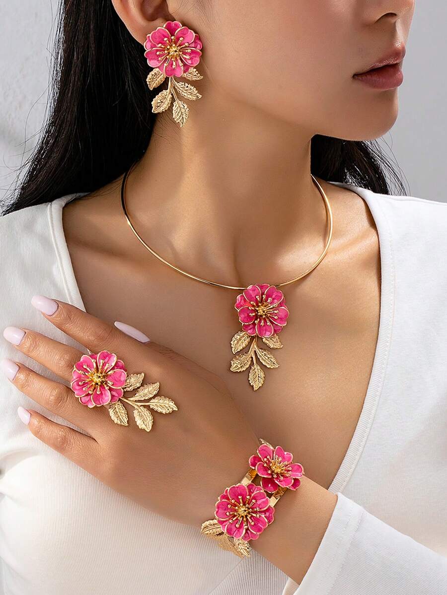 Bộ trang sức hoa thanh lịch 5 món, bao gồm 1 đôi bông tai, 1 vòng cổ, 1 vòng tay, 1 nhẫn, thích hợp cho phụ nữ, quà tặng quyến rũ cho đám cưới/tiệc tùng - Màu Hồng Tươi - Xem 1