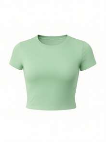 Women's Cropped Gym Top, Short Sleeves, Stylish In Supplex Fabric, For Everyday Wear, Training, Running. - 薄荷綠 - 查看 2