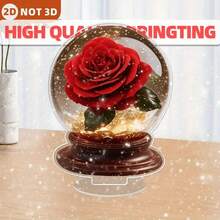 2D亚克力玫瑰水晶球装饰 - 无需电池即可自发光，亮红色玫瑰搭配绿色叶子和金色闪粉花心，适用于结婚纪念日、情人节、家居办公装饰，现代桌面装饰，浪漫礼物，适合特殊场合（无需电池/电源） - 耐用亚克力球体，适合现代活动和日常使用，2D平面 - 多色3 - 查看 6
