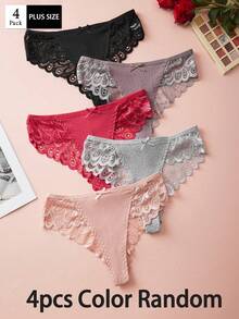 4 Pcs Random Color Women's Plus Size Feather Pattern Lace Splicing Panties Charming Sexy Women's Panties