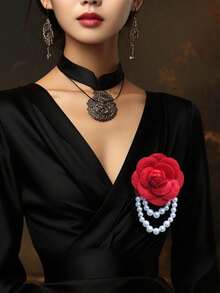1件优雅女士山茶花仿珍珠流苏胸针，衬衫领连衣裙配饰，派对和婚礼礼物 - 彩色 - 查看 3