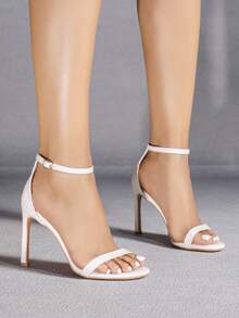 Women's White Sexy Open Toe High Heel Sandals, Comfortable Round Toe Ankle Strap Thin Heel Sandals