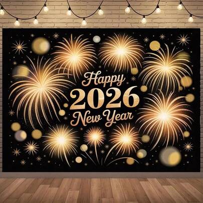 1 2026 Baner na Szczęśliwego Nowego Roku - Złote i czarne fajerwerki, błyszczące cyfry, trwała dekoracja ścienna, odpowiednia na urodziny w 2026 roku, imprezy sylwestrowe i zimowe festiwale, Baner na Szczęśliwego Nowego Roku, Tło na Szczęśliwego Nowego Roku, Dekoracje na Szczęśliwego Nowego Roku
