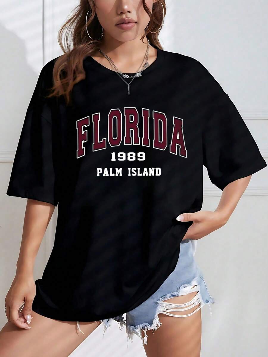 Black Florida Palm Island Graphic T Shirt, Unique Print 220g 100% Cotton Short Sleeve Women's T-Shirt Summer Hot For Daily Wear - Black - View 1