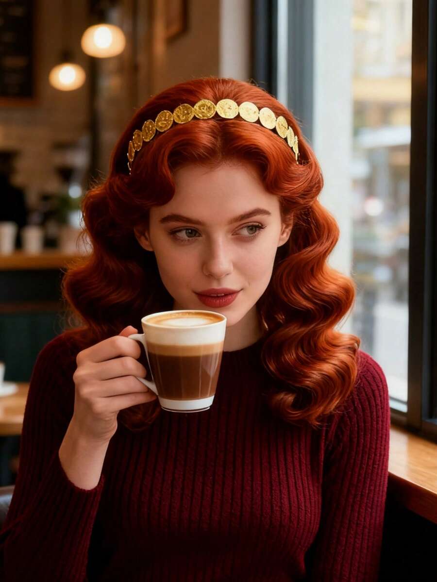 女士双层奥斯曼硬币图案发箍，复古摩洛哥镀金优雅发饰，适合派对、节日、准新娘等场合佩戴。 - 亮黃色2 - 查看 1