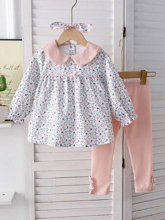 3 件套女婴春秋装套装，长袖连衣裙、裤子和头带，公主风格时尚服装