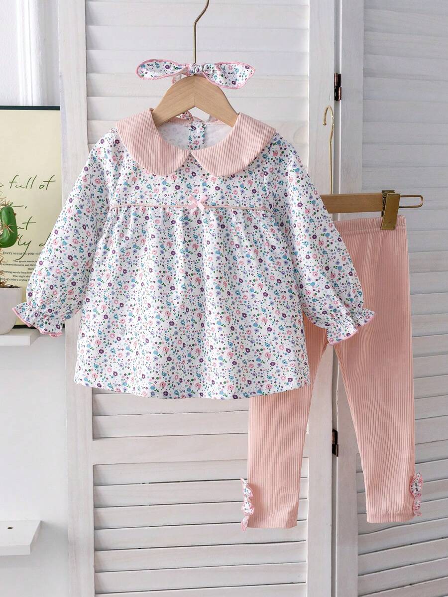 3pcs Baby Girls Spring/Autumn Outfit Set, Long Sleeve Dress, Pants And Headband, Princess Style Fashion Clothing
