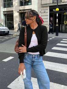 Women's Knitwear Cardigan Long Sleeve Round Neck Button Front Rib-Knit Details Regular Length Medium Stretch Red Cardigan,Casual Sweater - Black - View 3