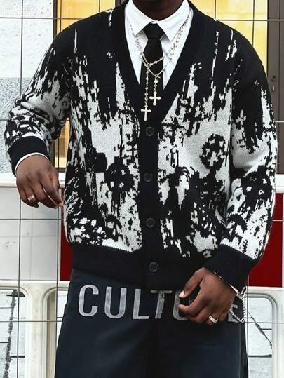  ANDREILEE Heren Casual Losvallend Cardigan met Skullprint, Veelzijdige Streetstyle, Geschikt voor Lente, Herfst en Winter