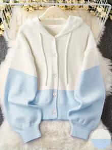 女式休闲撞色长袖连帽针织开衫 - 藍色 - 查看 2