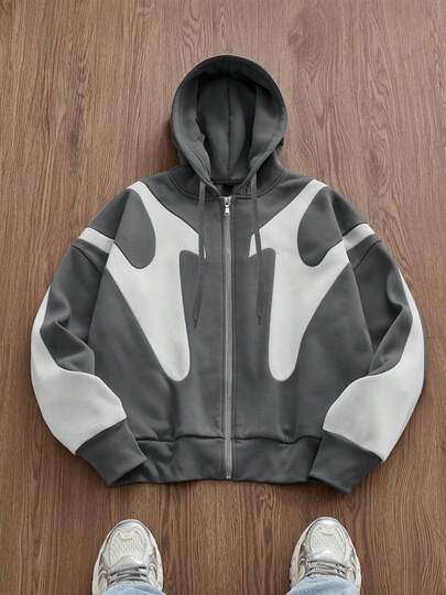 拼接图案时尚街头风连帽衫，男士高街保暖内衬拉链卫衣，适合春秋季穿着，长袖上衣