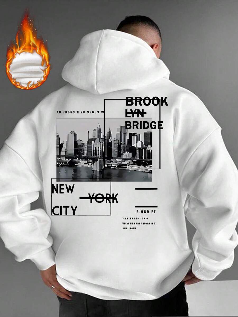 男士纽约布鲁克林城市元素印花抓绒连帽衫，街头风，秋冬款，长袖上衣 - 白色 - 查看 1
