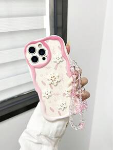 DIY奶油纹理波浪边亮油雪花雪人粉色雪花彩绘装饰3D配件防震手机壳，配手工串珠手链，兼容 17pro/17Air/17/17promax/16/11/16pro/16plus/16promax/16e/15Promax/13/14/12/XS/XR/7G/8P，兼容三星Galaxy，兼容红米，国际版，非国内版 - 彩色 - 查看 1