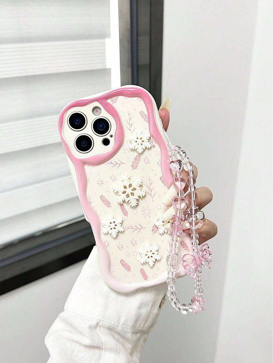 DIY奶油纹理波浪边亮油雪花雪人粉色雪花彩绘装饰3D配件防震手机壳，配手工串珠手链，兼容 17pro/17Air/17/17promax/16/11/16pro/16plus/16promax/16e/15Promax/13/14/12/XS/XR/7G/8P，兼容三星Galaxy，兼容红米，国际版，非国内版 - 彩色 - 查看 1