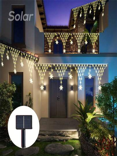 1pc Outdoor Solar Snowflake Light Strings, Triangular Net Snowflake Lights, 8 Modes, Warm Light And Colorful Light, Suitable For Courtyard, Eaves, Balcony, Garden, Sun Umbrella Decoration, Thanksgiving Halloween New Year Christmas Decoration (500mAh)
