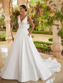 Elegant V-Ncek Beaded Satin Wedding Gown - Perfect For Christmas, Halloween, Weddings, Proms & Birthdays - trắng - Xem 3