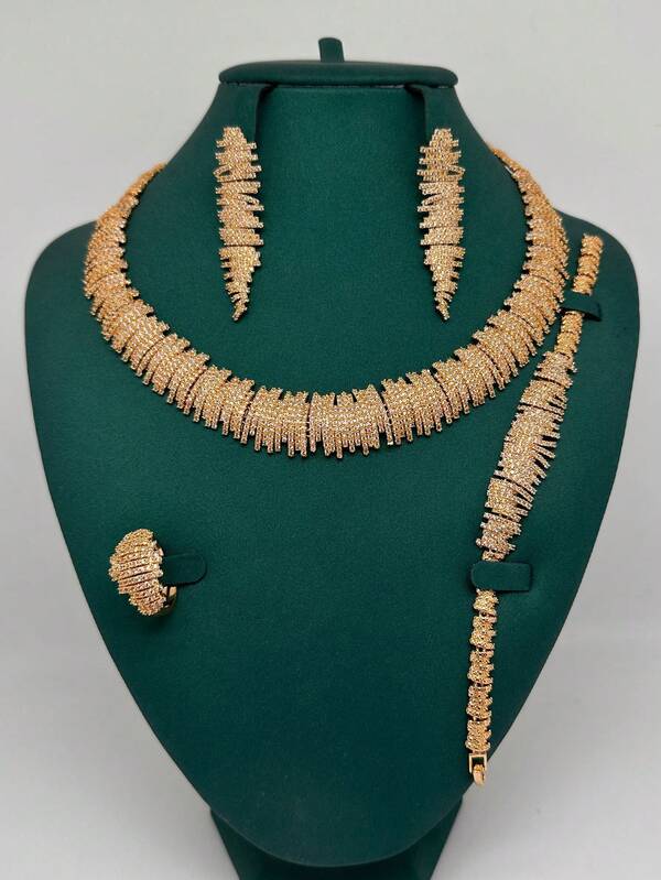 Set de 5 piezas de joyería de mujer con cobre, circonita cúbica blanca y oro, que incluye collar, aretes, pulsera y anillo, adecuado para novia, boda, fiesta, Día de la Madre, Día del Maestro, San Valentín, regalos de regreso a clases