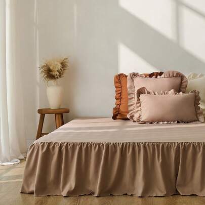 1 件基本款轻质荷叶边床裙，经典款式，柔软时尚，100% 超细纤维，15 英寸长，卡其色。适用于家庭床上用品和学校床上用品宿舍必需品，可机洗，经 Oeko-Tex 认证