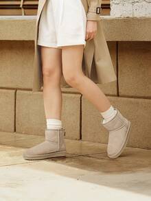 Women's Snow Boots Genuine Suede With Faux Fur Lining. 0.9 Inch Flat Classic Water-Resistant, Anti-Slip Winter Booties Feature A Slip-On Design And Comfortable Memory Foam,Suit For Staying Warm And Stylish This Winter - Khaki - View 9