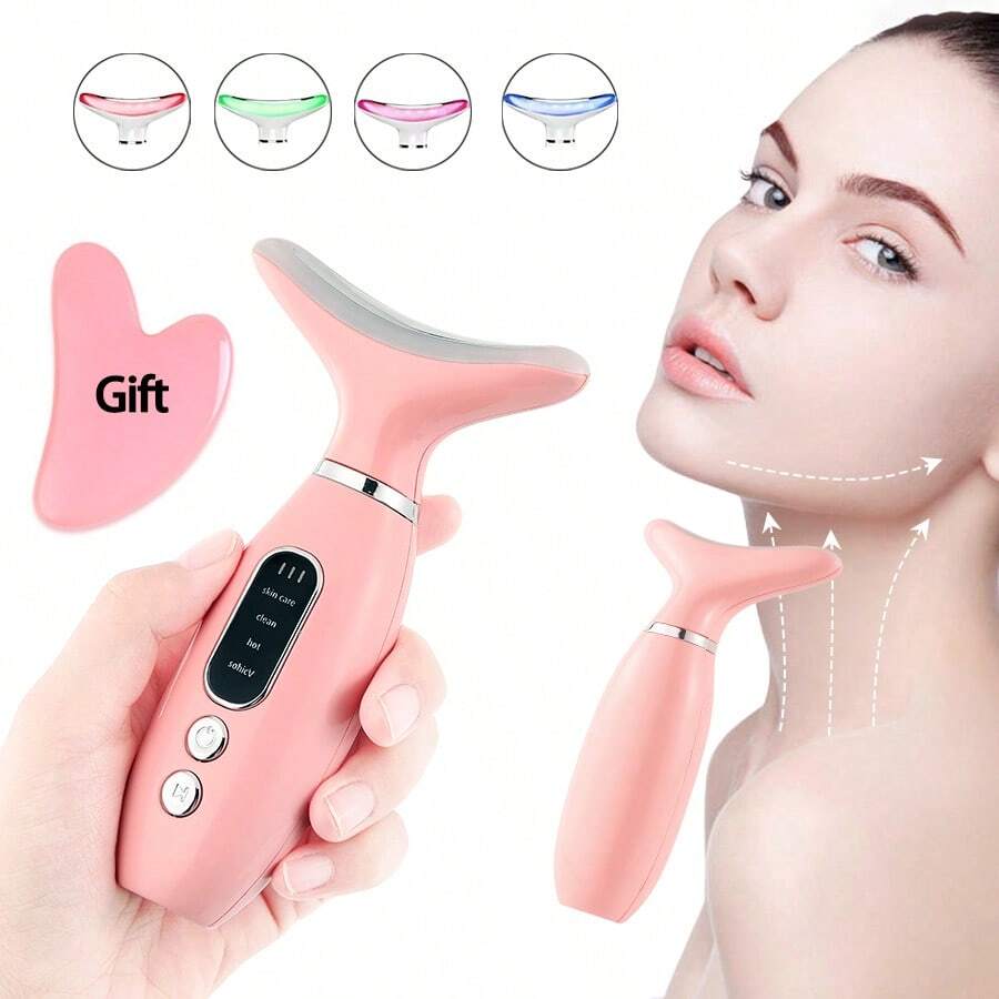 1个便携式可充电面部颈部按摩器，面部美容仪，电镀喷漆款式，女士专用，带加热和振动功能，4色灯光模式，3档强度调节，USB充电（内置500mAh锂电池），高品质低刺激ABS材质，便携式美容工具 | 直观操控 | 可充电按摩器 | 附赠心形面部刮痧板 | 礼品