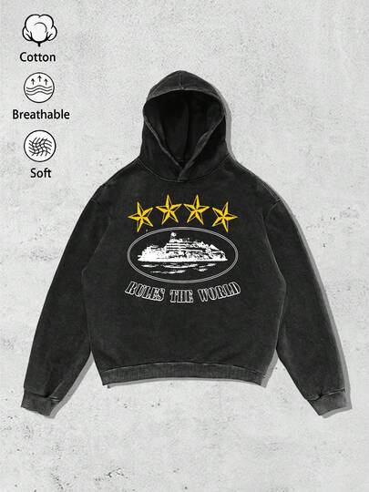 1pc Men's Vintage Distressed Black Hoodie, American Style With 4-Star Building & English Element Print, Soft Cotton Breathable Streetwear Sweatshirt, Autumn/Winter