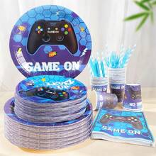 168pcs Blue Game On Theme Party Supplies Kit For 24 Guests, Video Gaming Birthday Disposable Tableware Set, Console Controller Decorations, Includes Plates Cups Napkins Forks Straws - Multicolor - View 1