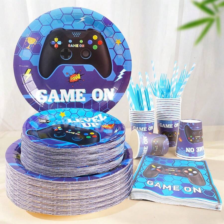 168pcs Blue Game On Theme Party Supplies Kit For 24 Guests, Video Gaming Birthday Disposable Tableware Set, Console Controller Decorations, Includes Plates Cups Napkins Forks Straws - Multicolor - View 1