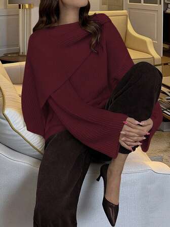 女士新款圆领长袖大翻领披肩式落肩宽松套头衫，时尚优雅休闲度假外出派对针织毛衣，秋冬款