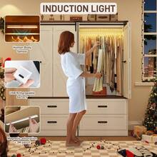 Farmhouse 2 Doors Armoire Wardrobe Closet W/Folding Sliding Barn Door And Lights, LED Armoire Closet W/Drawers For Bedroom, Freestanding Wooden Wardrobe Storage Closets W/Hanging Rod - 白色 - 查看 4