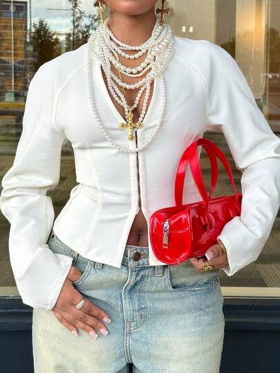 Women's Casual Raglan Sleeve Hooked Long Sleeve Top, Fashionable V-Neck Long Sleeve Knit Blouse, Regular Length, Medium Stretch, Raglan Sleeve, Suitable For Christmas, Thanksgiving, Valentine's Day