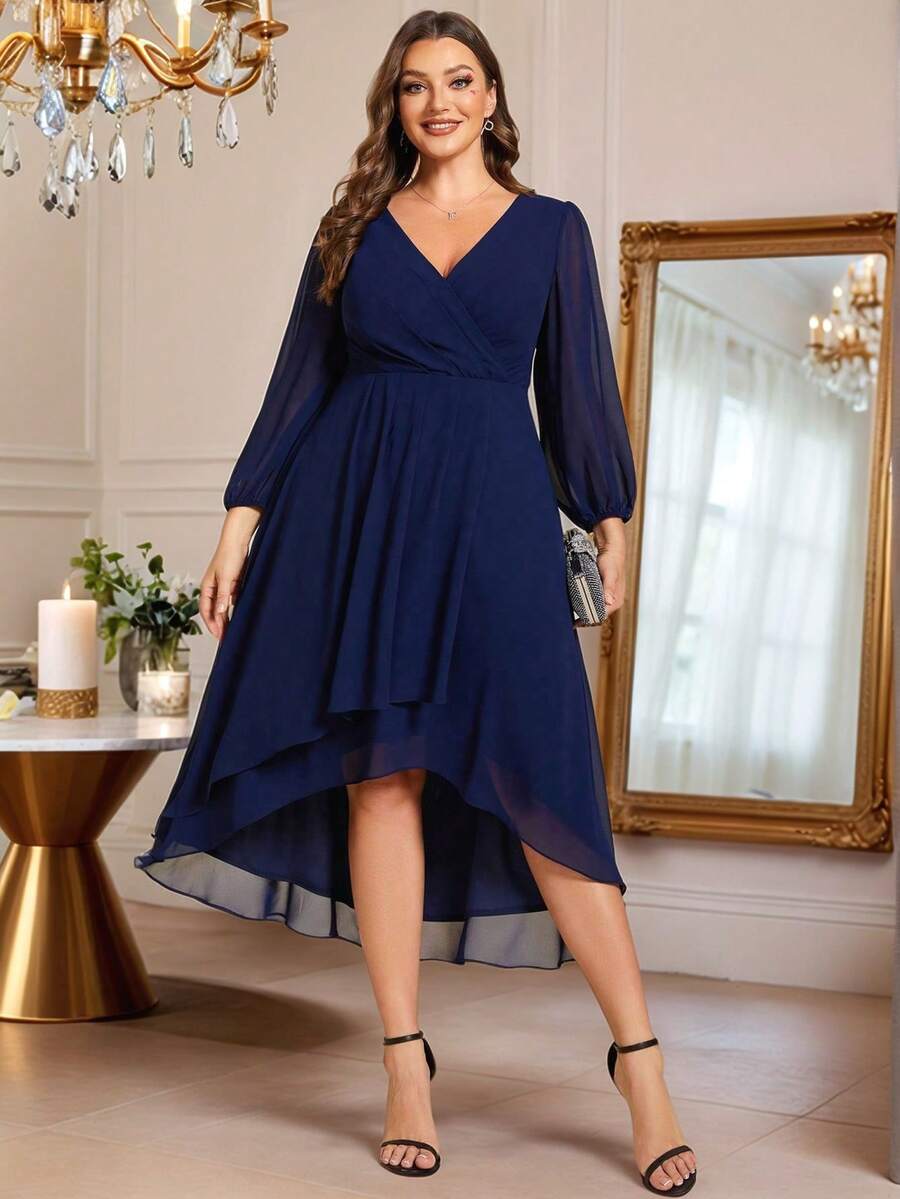 大码女士雪纺A字秋冬婚礼宾客礼服，不对称下摆V领长袖褶皱中长款正式连衣裙