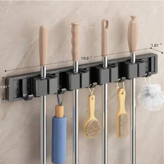 Kraftig metallmopp- och kvasthållare med justerbara krokar, väggmonterad förvaringshylla för hem, kök, trädgård, tvättstuga, garage - målad finish, platsbesparande hylla för moppar, kvastar, verktyg